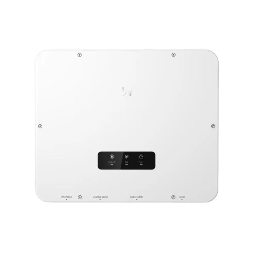 Weißes Gerät mit quadratischer Form und einem schwarzen Bedienfeld, das Optionen für Backup und Statusanzeigen zeigt. Produkt von GoodWe.