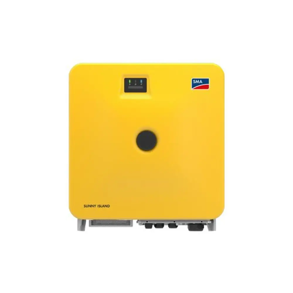 Gelbes Gerät mit SMA-Logo und Anzeige auf der Vorderseite, geeignet für die Energieumwandlung und -steuerung in Solarenergiesystemen.
