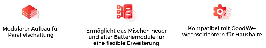 Modulares Batteriesystem mit Möglichkeit zur parallelen Schaltung. Kompatibel mit GoodWe-Wechselrichtern für flexible Erweiterungen mit neuen und alten Batteriemodulen.