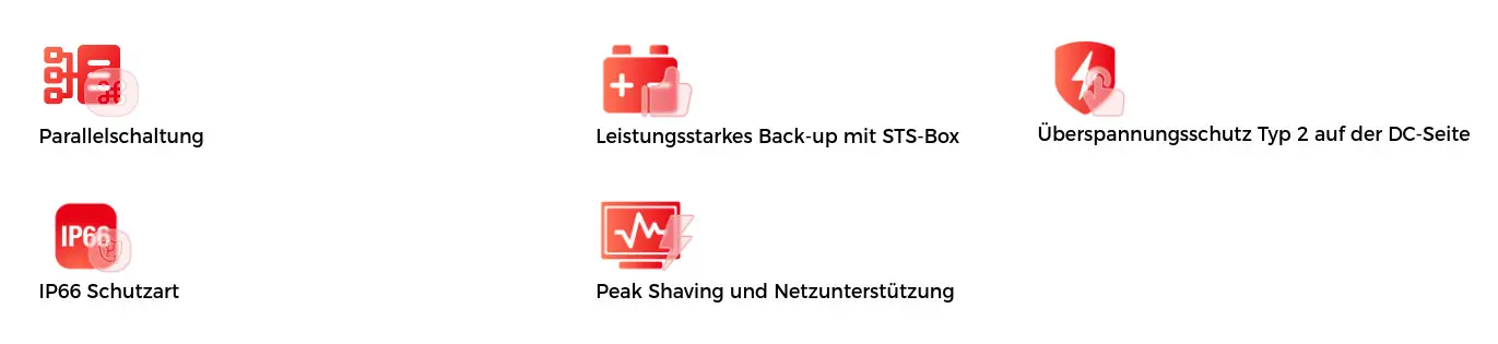 Icon-Darstellungen zu technischen Funktionen von GoodWe-Produkten: Parallelschaltung, Backup, IP66 Schutzart, Überspannungsschutz, Peak Shaving und Netzunterstützung.