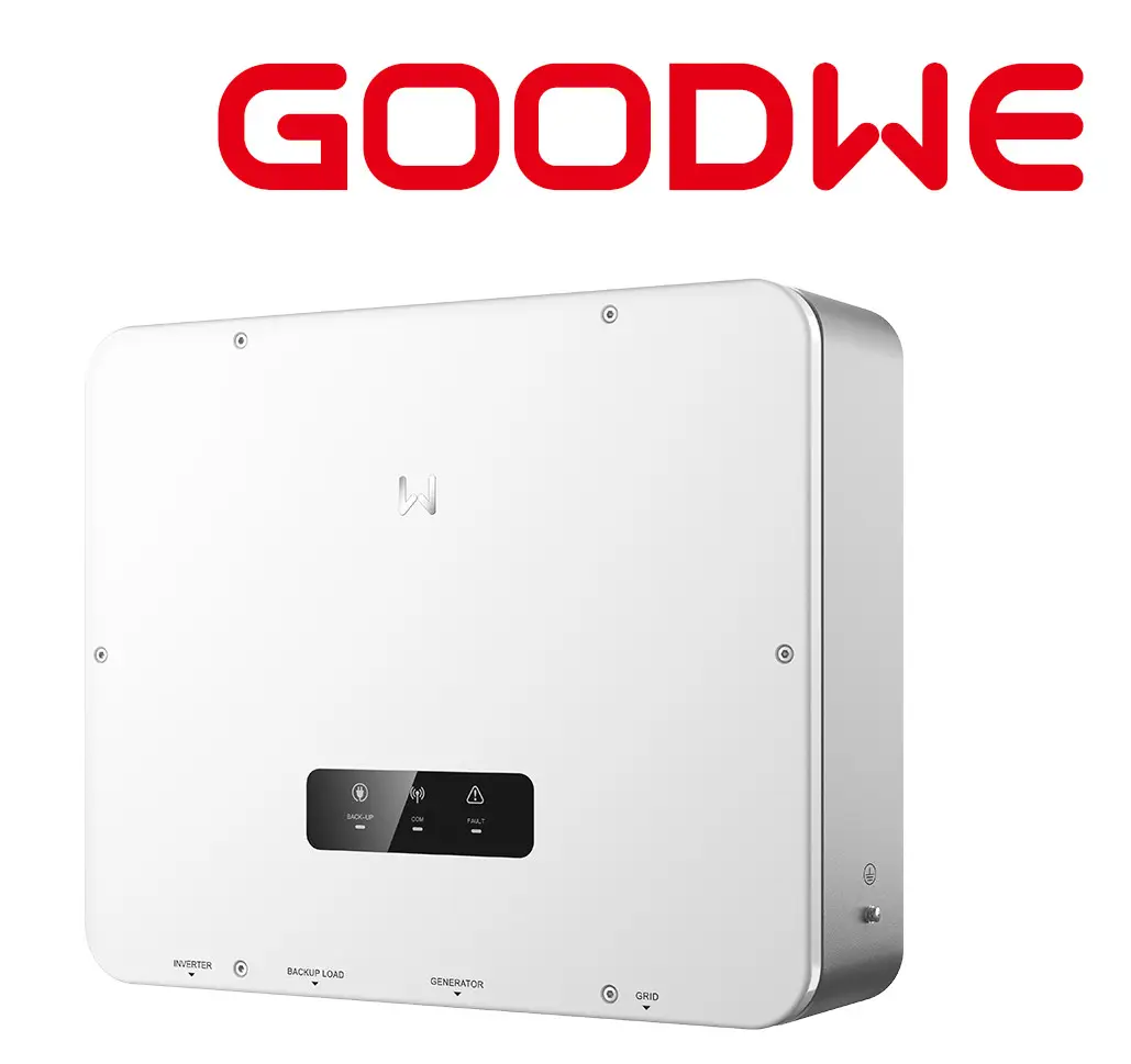 GoodWe Wechselrichter in weißen Gehäuse, mit Bedienelementen und Statusanzeigen für Backup und Netzanschluss. Gerät zur Energieverwaltung in Solaranlagen.