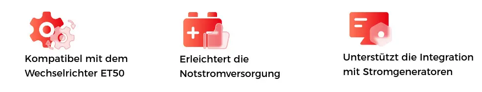 GoodWe Lösung zur Notstromversorgung, kompatibel mit Wechselrichter ET50, unterstützt die Integration von Stromgeneratoren. Zwei Symbole für einfache Funktionen.