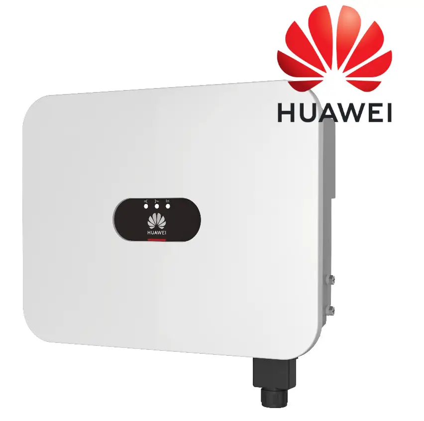 Weißer Wechselrichter von HUAWEI mit einem Bildschirm in der Mitte, der Statusanzeigen zeigt. An der Unterseite befindet sich ein Anschluss.