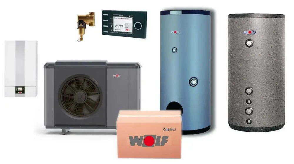 Wolf Heizungs- und Warmwassersystem mit Außeneinheit, zwei Speicherbehältern und Zubehör. Anzeige und Armatur sind im Bild dargestellt.