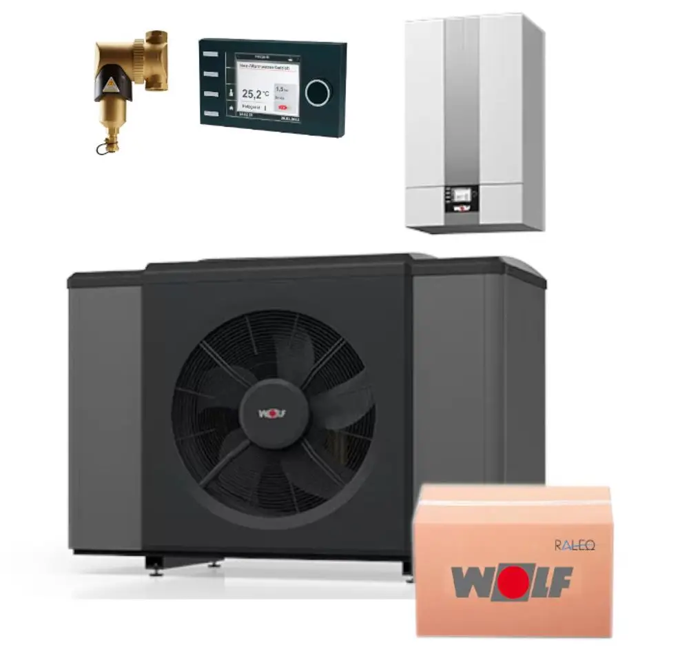 Wolf Heizsystem-Set bestehend aus Außengerät, Inneneinheit, Steuerung, Schlammabscheider und Karton. Alle Komponenten zur Heizungsinstallation angeordnet.