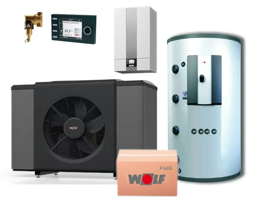 WOLF Heizsystem-Paket mit Wärmepumpe, Boilereinheit und Zubehör. Enthält digitale Steuerung und Heizelemente in einem kompakten Design.