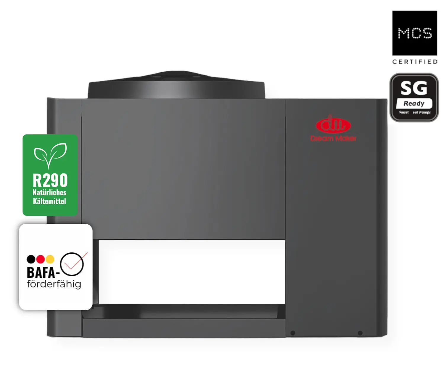 Luft/Wasser-Wärmepumpe im grauen Gehäuse von Dream Maker mit sichtbarem R290-Symbol und BAFA-Zertifizierung. Geeignet für Außenanwendungen.