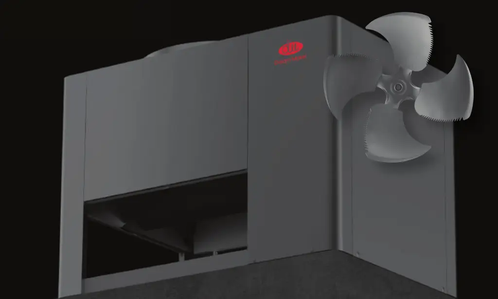 Grau gestaltetes Außengerät einer Luft/Wasser Wärmepumpe von Dream Maker, mit einem großen Lüfter an der Seite, platziert auf einem stabilen Unterbau.
