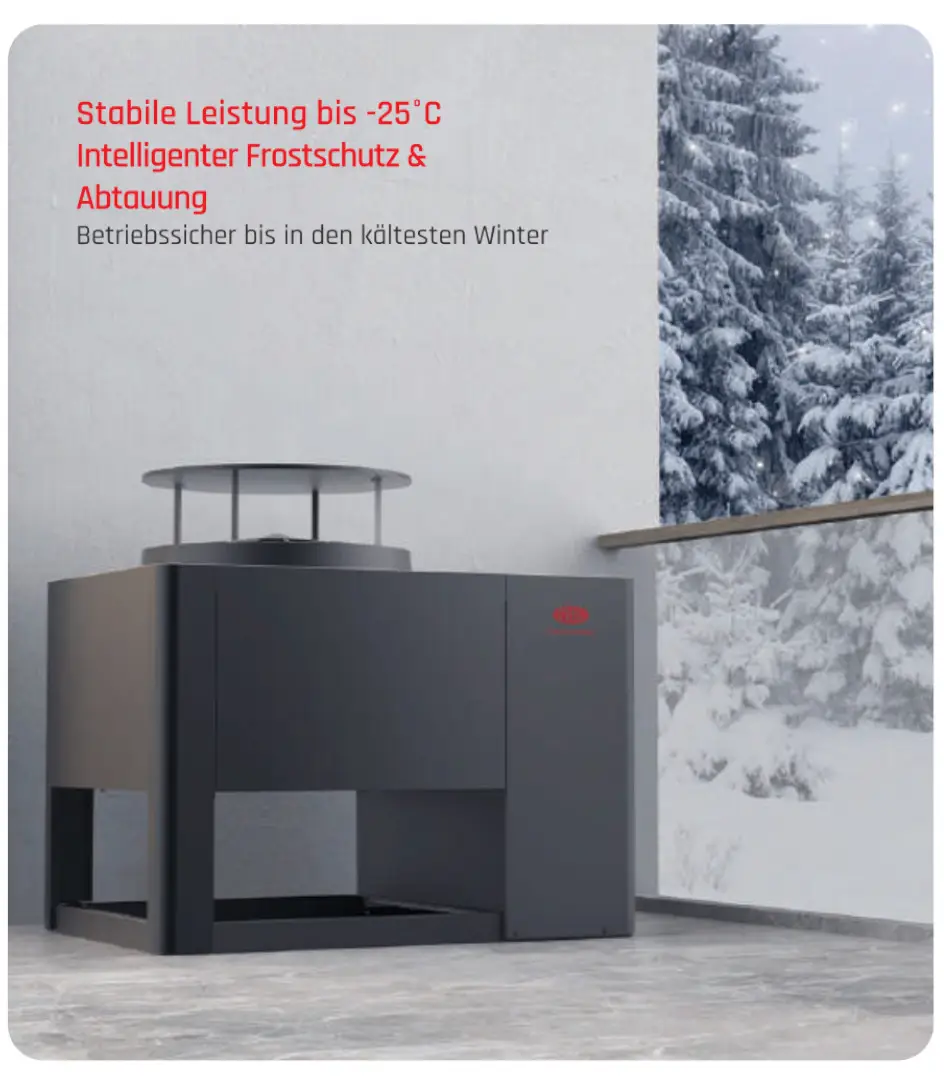 Grau gefärbte Wärmepumpe von Dream Maker, Außenteil, auf glattem Boden, umgeben von einer schneebedeckten Landschaft, mit integriertem Frostschutzsystem.