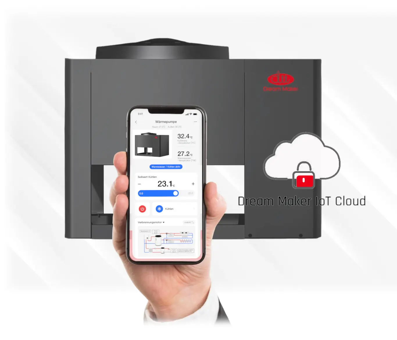 Wärmepumpe von Dream Maker mit Bedienelement, die aktuelle Temperaturen anzeigt und über eine App gesteuert werden kann. Darstellung des Geräts im Hintergrund.