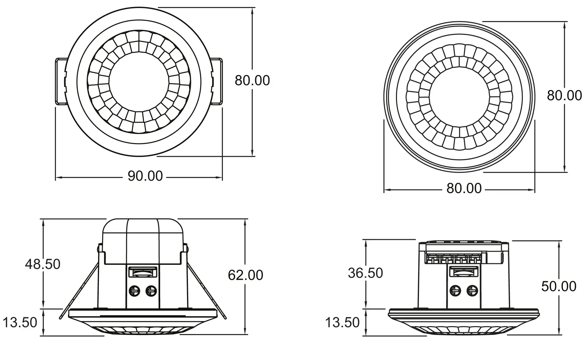 Technische Zeichnung des Theben LUXA 103 S360-100-12 DE-UP WH Präsenzmelders.
