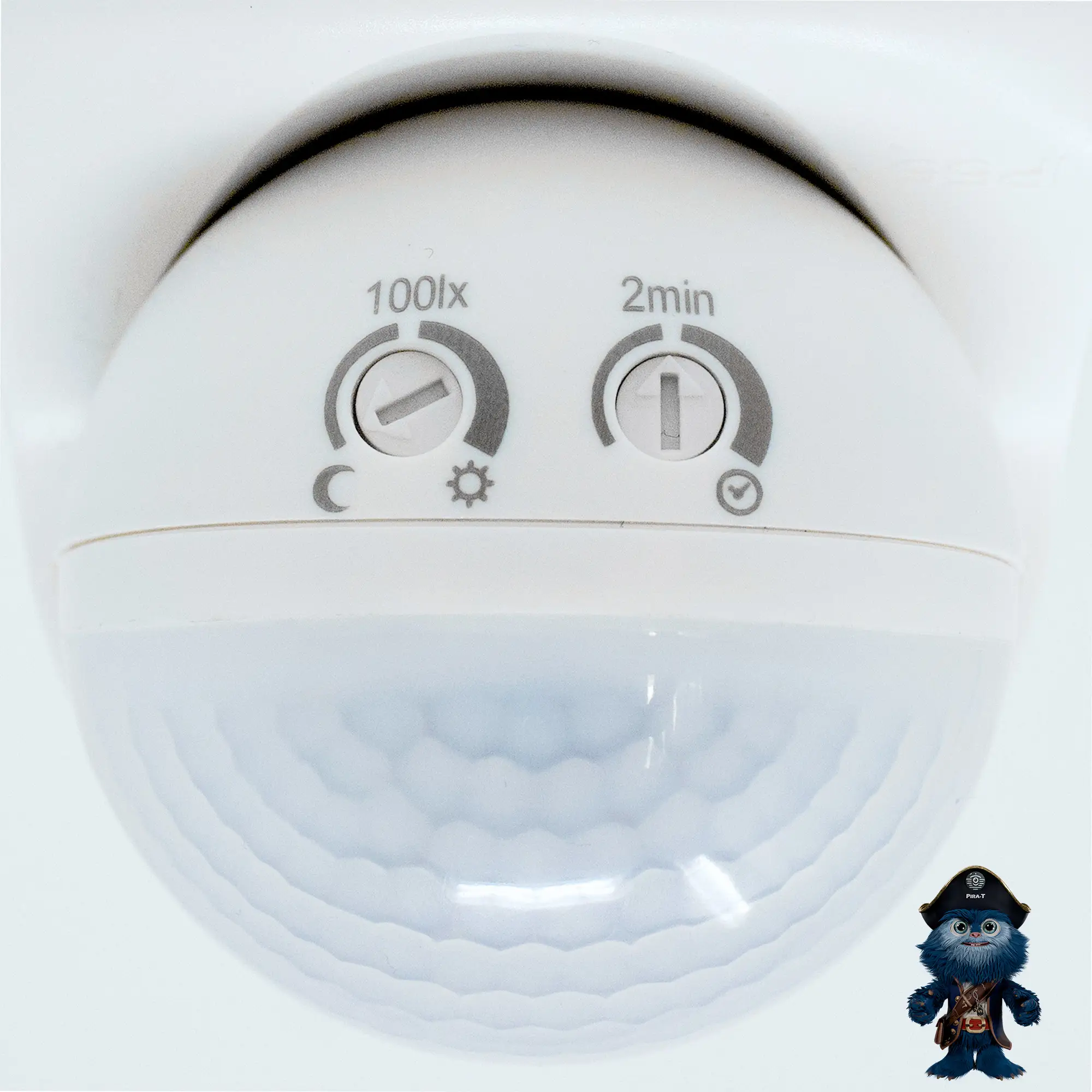 Theben PIRA TO AP Bewegungsmelder, weiß, mit Einstellrädern für Lichtempfindlichkeit und Einschaltdauer.
