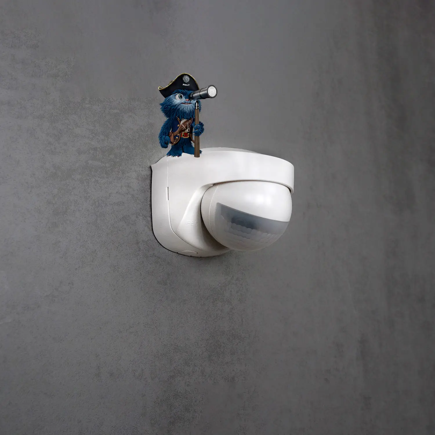 Der Bewegungsmelder Theben PIRA TO AP mit einem blauen Monster mit Piratenhut, das ein Teleskop hält.