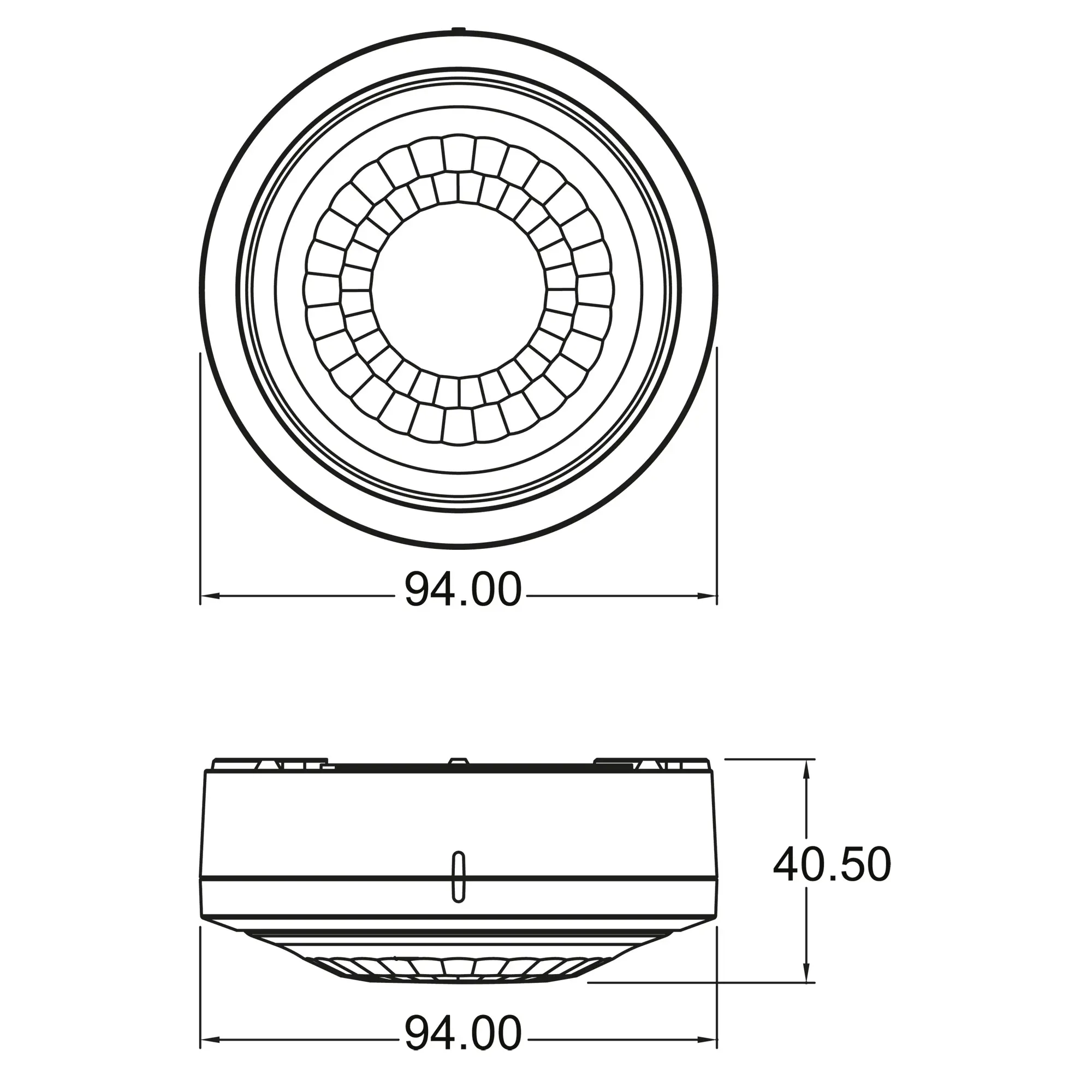 Technische Zeichnung eines Theben LUXA 103 S360-100-12 AP WH Präsenzmelders, weiße Deckenmontage, Durchmesser 94 mm, Höhe 40,5 mm.