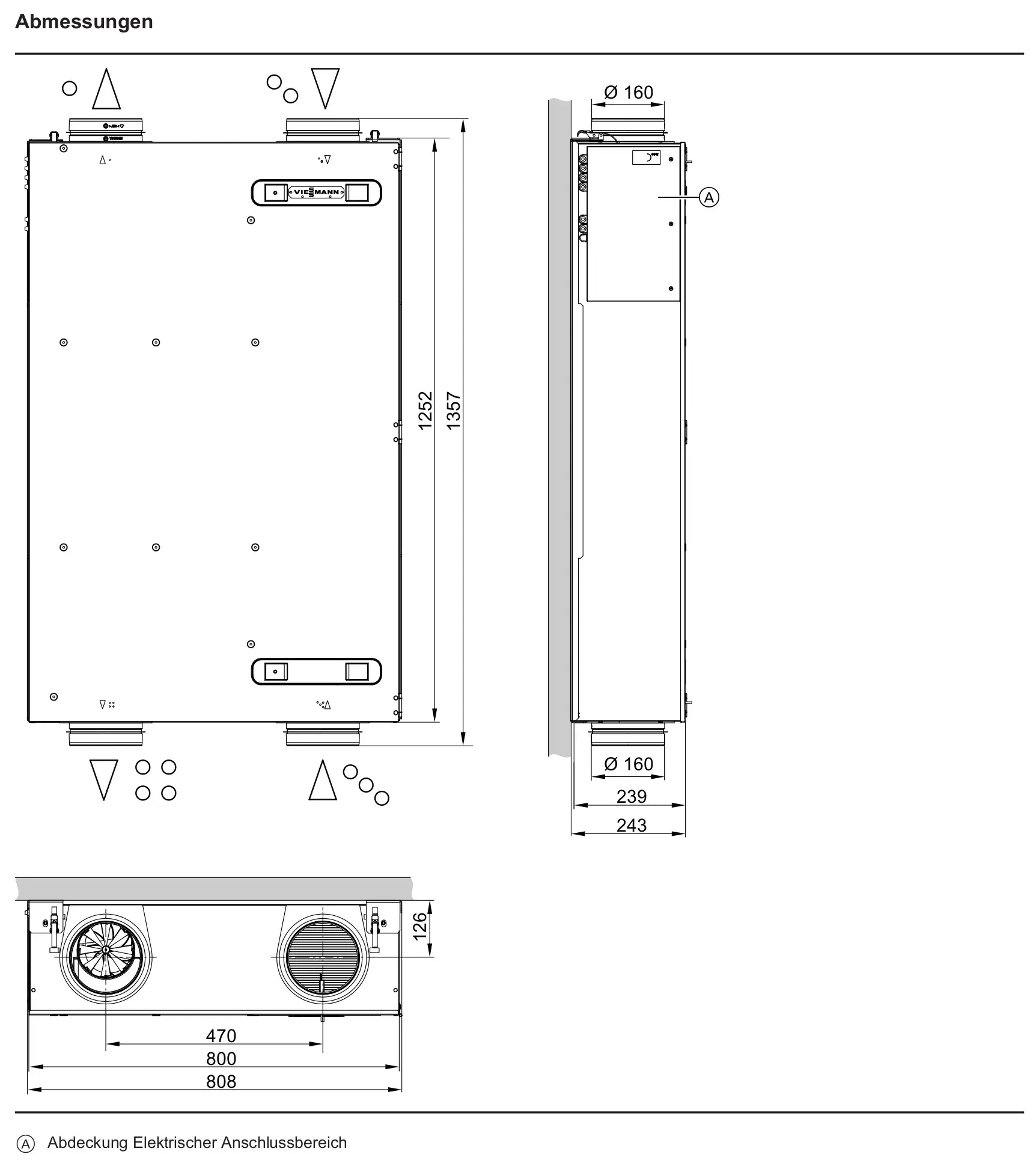 Abmessungen des Viessmann Vitoair FS Typ 300E MA, Z023297. Darstellung von Seiten-, Vorder- und Draufsicht mit Bemaßungen.