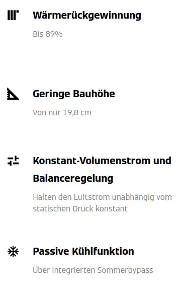 Viessmann Vitovent 300-C H32S B150: Wärmerückgewinnung (bis 89%), geringe Bauhöhe (19,8 cm), Konstant-Volumenstrom/Balanceregelung, passive Kühlfunktion (Sommerbypass)
