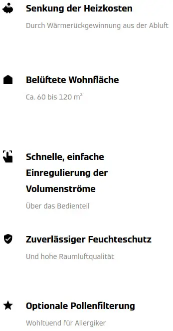 Viessmann Vitovent 200-C Produktmerkmale: Heizkosten senken, belüftete Wohnfläche, schnelle Einregulierung, Feuchteschutz, Pollenfilterung.