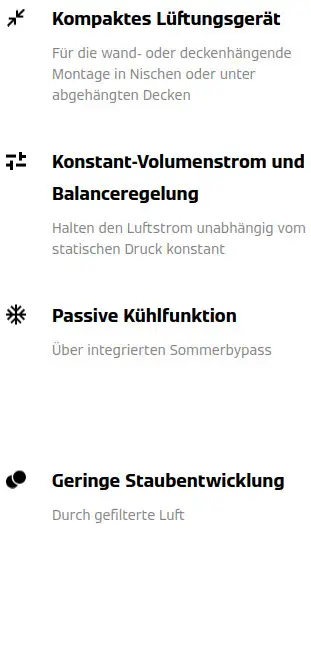 Produktmerkmale des Viessmann Vitovent 200-C: Kompaktes Lüftungsgerät, Konstant-Volumenstrom, Passive Kühlfunktion, Geringe Staubentwicklung.