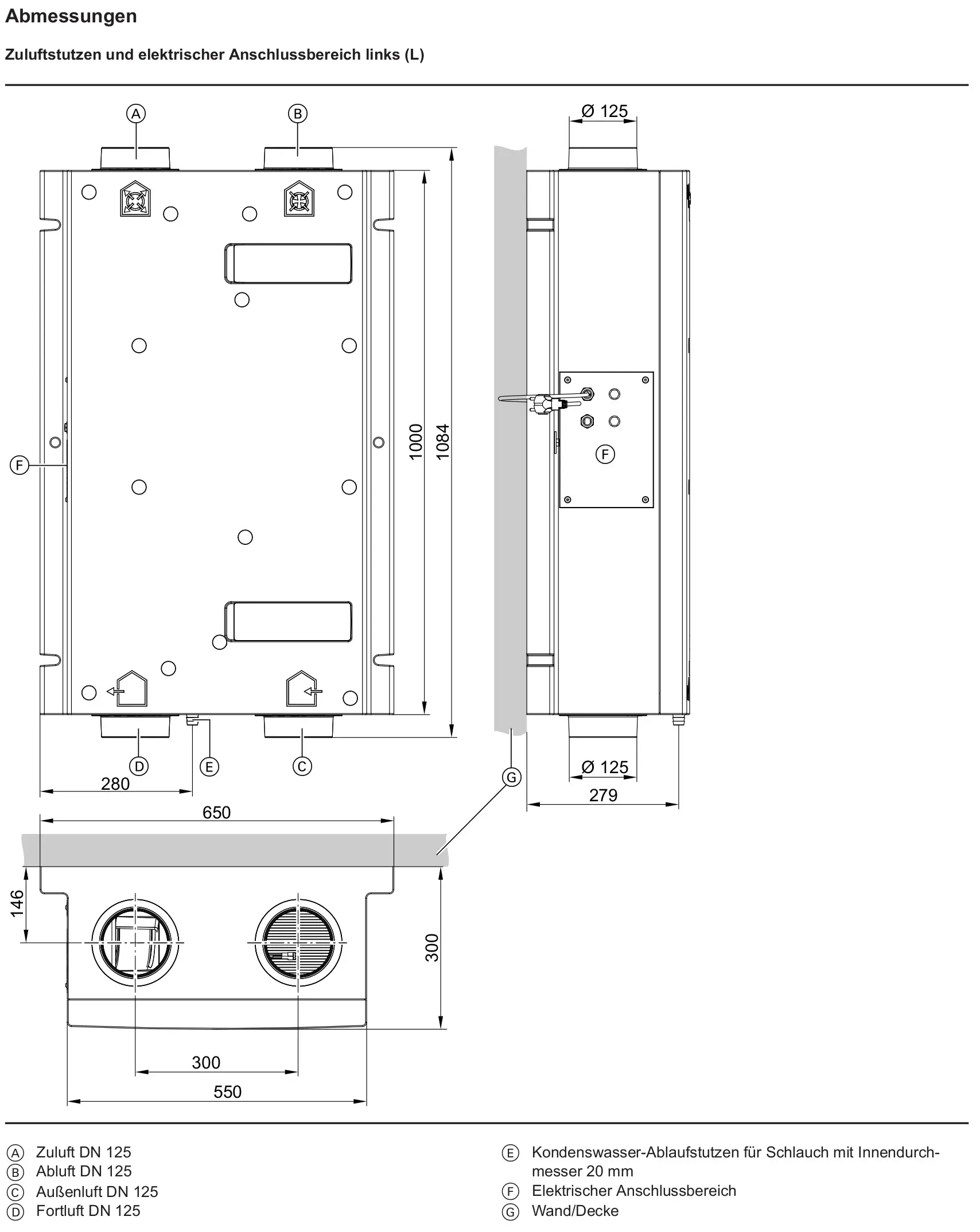 Technische Zeichnung des Viessmann Vitovent 200-C, Typ H11S A200 (L), Z014599, mit Abmessungen und Anschlüssen.