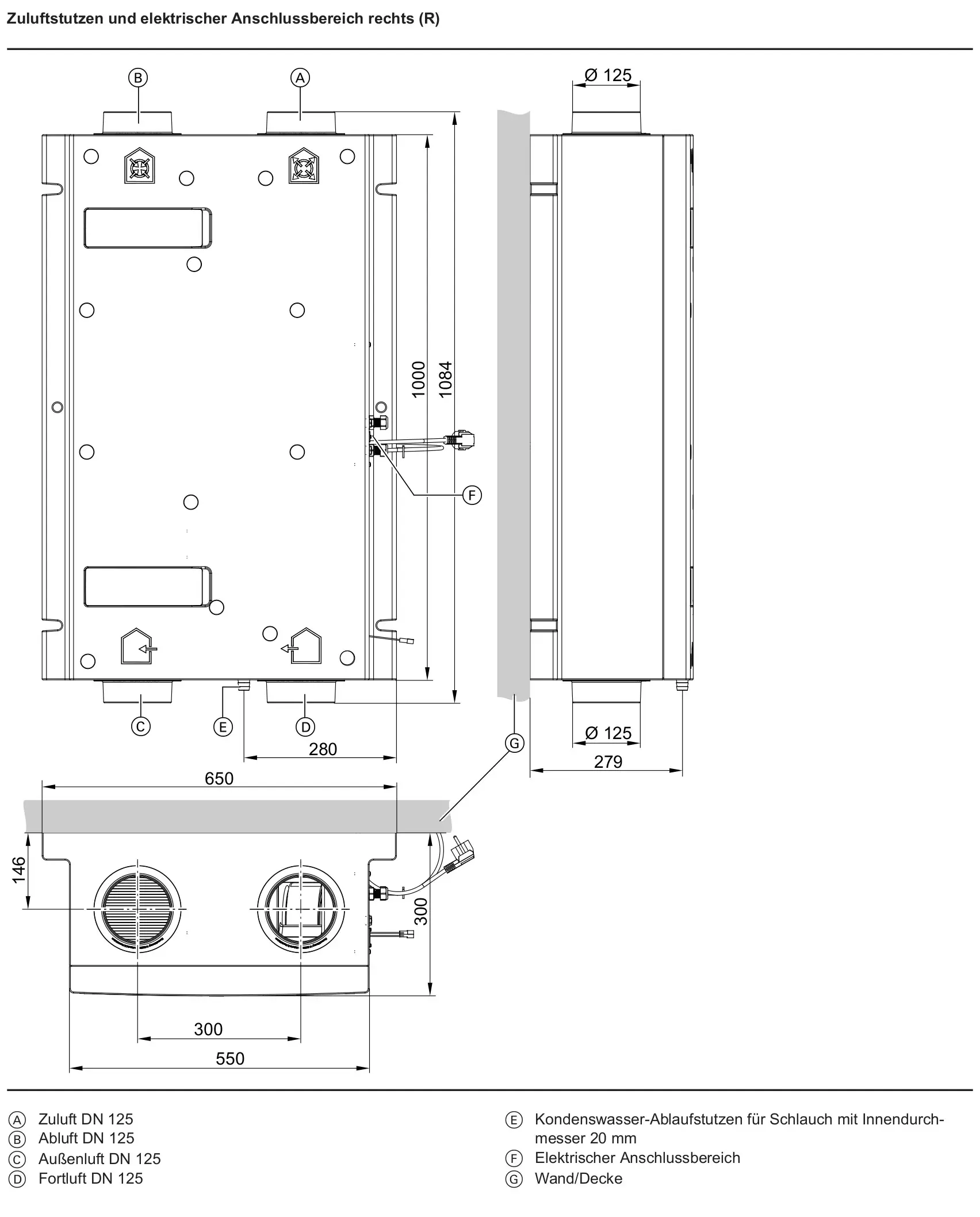Technische Zeichnung des Viessmann Vitovent 200-C Typ H11S A200 (L) mit Maßen und Anschlüssen. Zuluft-, Abluft-, Außenluft- und Fortluftstutzen sind gekennzeichnet.