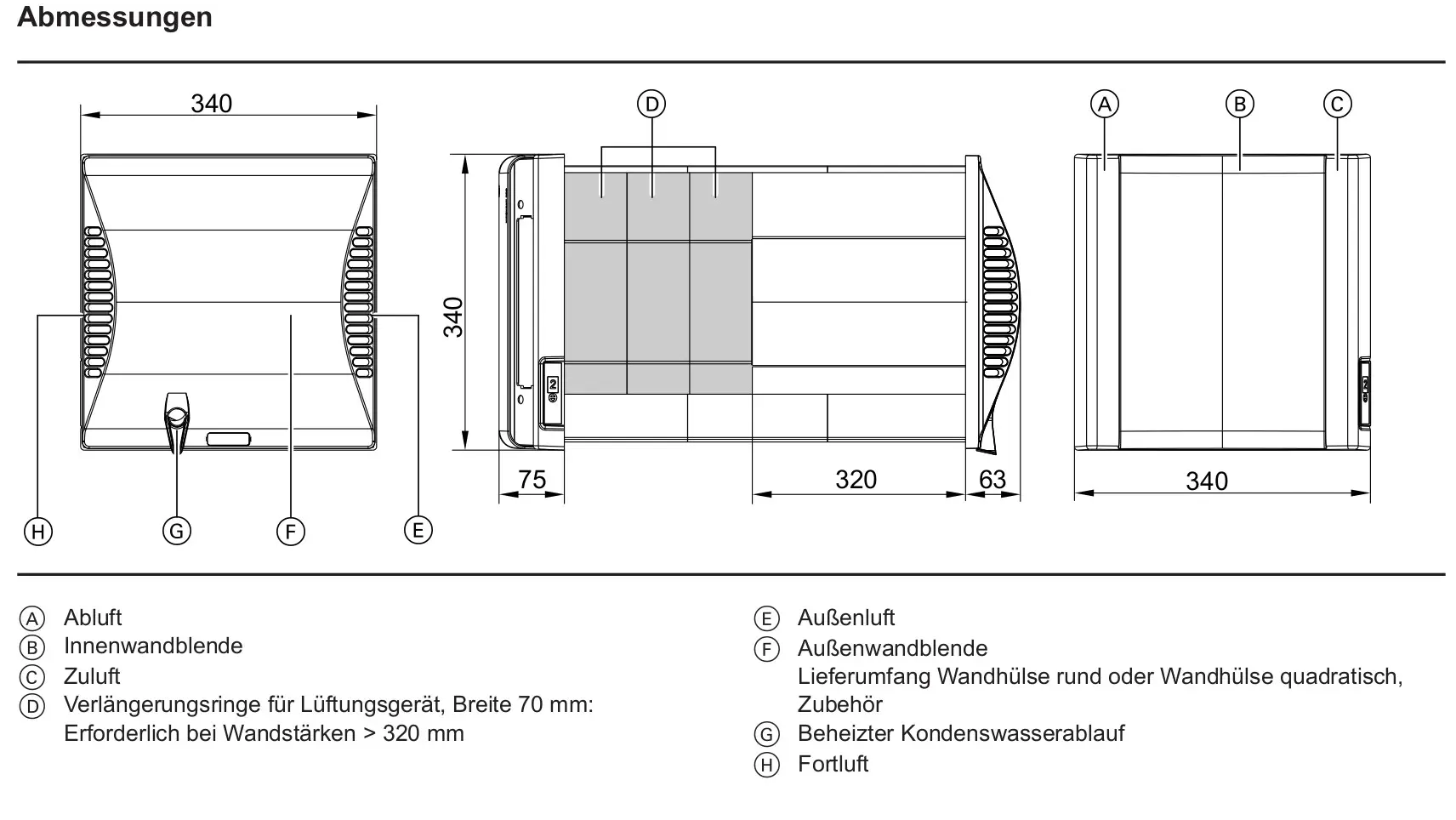 Technische Zeichnung eines Viessmann Vitovent 200-D, Typ HRM B55, Z014593 mit Abmessungen und Beschriftungen der Bauteile.