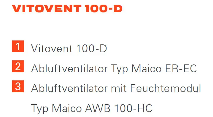 Grafik mit dem Text "VITOVENT 100-D", gefolgt von nummerierten Listenpunkten: 1. "Vitovent 100-D", 2. "Abluftventilator Typ Maico ER-EC", 3. "Abluftventilator mit Feuchtemodul, Typ Maico AWB 100-HC".