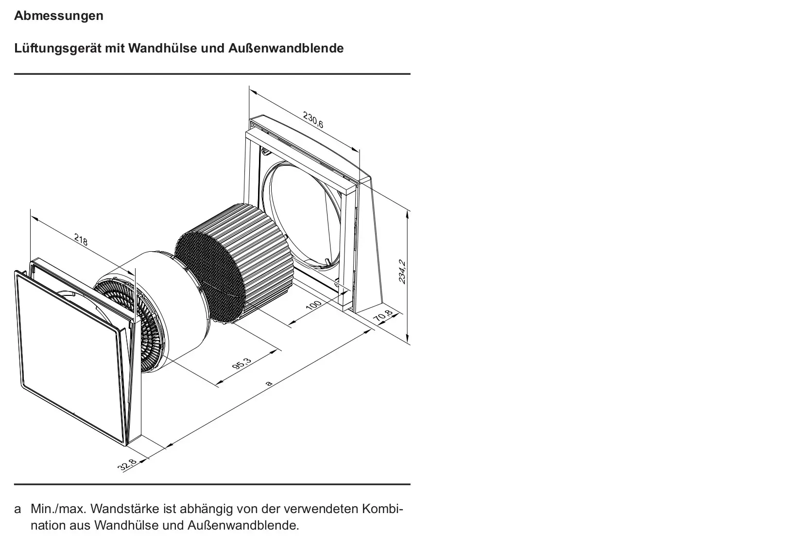 Schematische Darstellung des Viessmann Vitovent 100-D, Typ H40E B55 (L) mit Abmessungen.