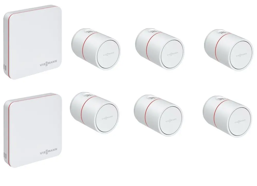 Produktbild: Viessmann Paket ViCare Einzelraumregelung für Heizkörper, ZK07489. Enthält weiße, rechteckige Regler und zylindrische Thermostate mit rotem Akzent.