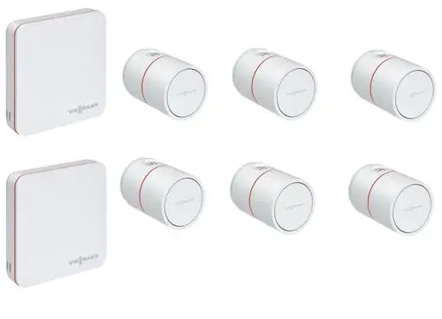 Produktbild: Viessmann Paket ViCare Einzelraumregelung für Heizkörper, ZK07489. Enthält weiße, rechteckige Regler und zylindrische Thermostate mit rotem Akzent.