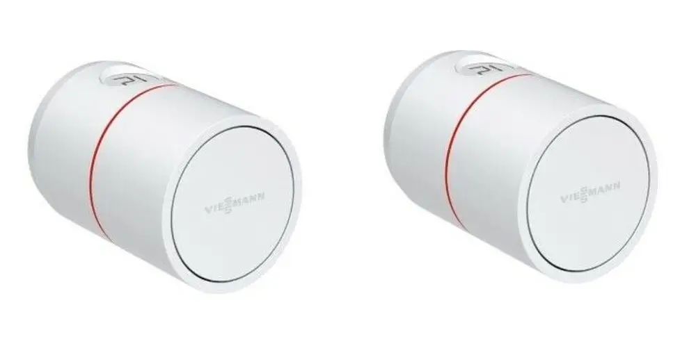 Zwei Viessmann Radiator S Thermostate vor weißem Hintergrund.