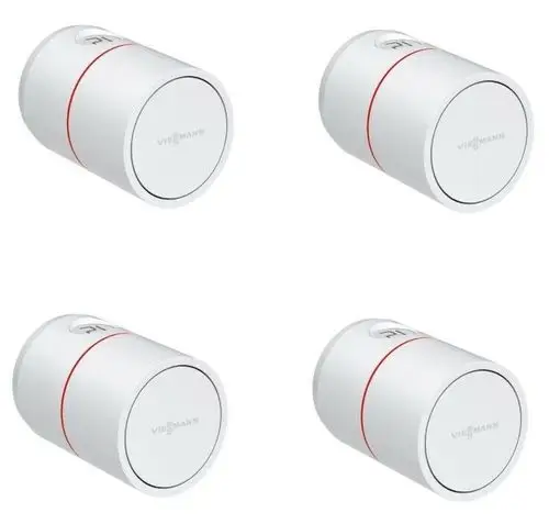Vier weiße Viessmann Erweiterungs-Pakete Radiator M mit rotem Akzent auf weißem Hintergrund.
