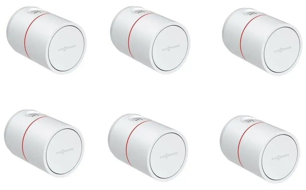 Sechs weiße Viessmann Heizkörperthermostate mit rotem Akzentband.