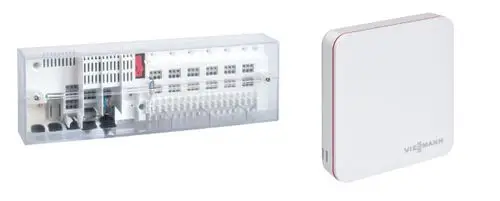 Produktabbildung des Viessmann Pakets ViCare Einzelraumregelung für Fußbodenheizung, ZK07490, bestehend aus einem transparenten Anschlusskasten und einer weißen Steuereinheit mit rotem Rand und Viessmann Logo.