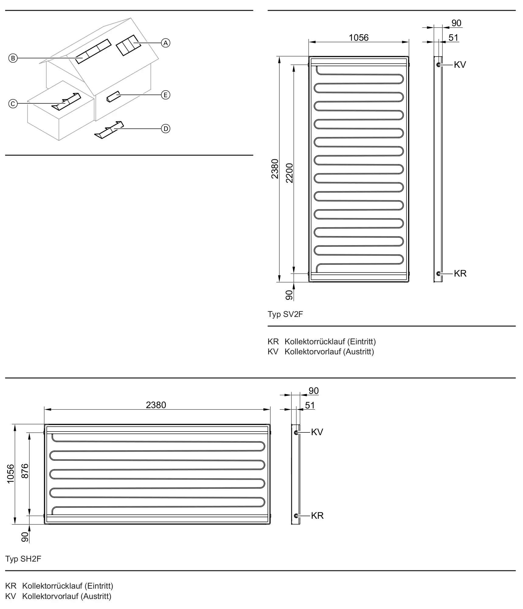 Produktzeichnung des Viessmann Vitosol 200-FM Typ SV2F Aufdach-Solarkollektors.