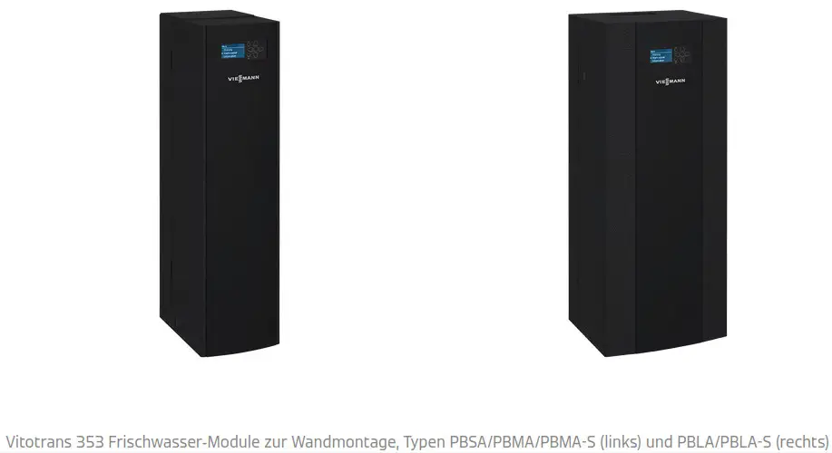 Produktbild: Zwei Viessmann Vitotrans 353 PBSA Frischwassermodule in Schwarz, eines links und eines rechts.