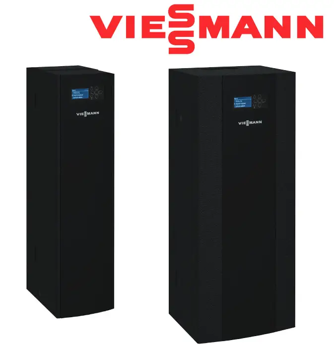 Produktfoto des Viessmann Vitotrans 353 PBSA, Z021863. Zwei schwarze Heizungsanlagen stehen vor einem weißen Hintergrund. Das Viessmann-Logo ist oben im Bild sichtbar.