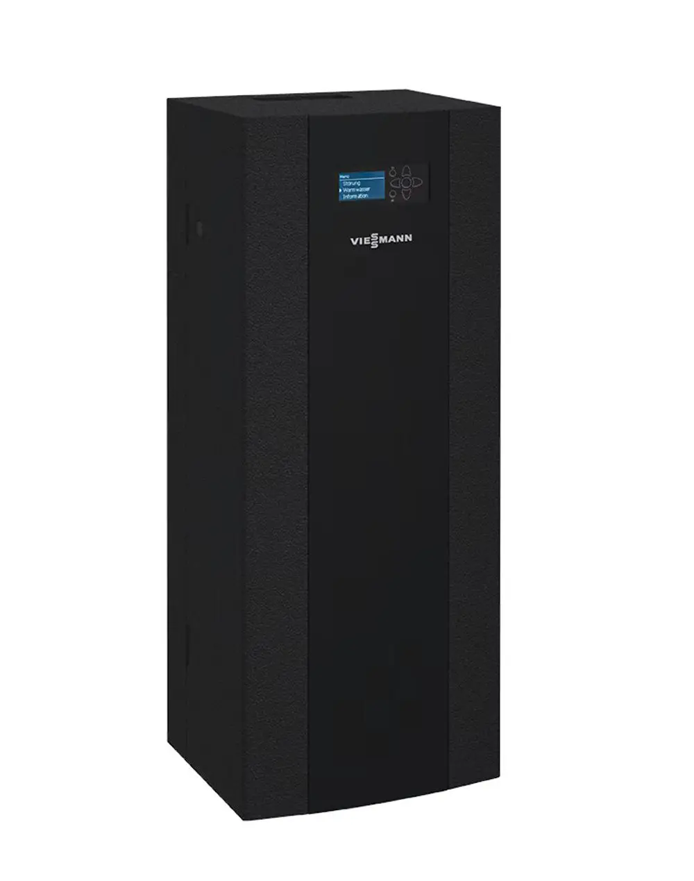 Schwarzer Viessmann Vitotrans 353 PBLA-S Warmwasserspeicher mit Bedienfeld und Logo auf weißem Hintergrund.