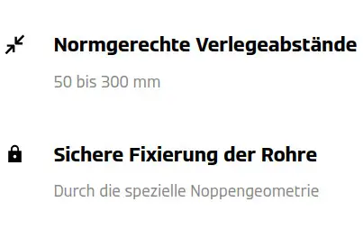 Produktmerkmale: "Normgerechte Verlegeabstände", "Sichere Fixierung der Rohre".