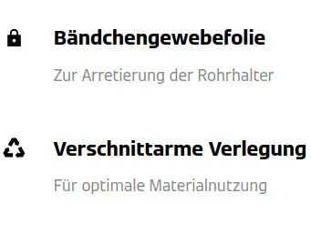 Symbol Schloss: Bändchengewebefolie zur Arretierung der Rohrhalter. Symbol Recycling: Verschnittarme Verlegung für optimale Materialnutzung.