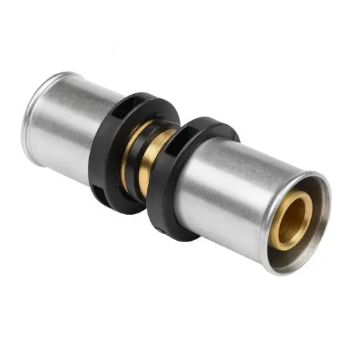 Produktbild der Viessmann Verbindungskupplung, 16 mm x 16 mm, ein Sanitärbedarf, der eine silberne Manschette, einen goldenen Verbinder und schwarze Ringe zeigt.