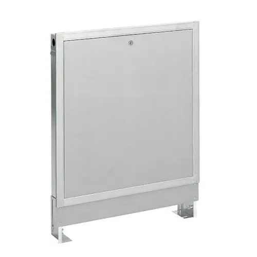 Produktbild des Viessmann Verteilerschrank Typ D-UP RAL9016, 7568325, einem silberfarbenen, rechteckigen Schrank mit Schloss, der auf einem Sockel mit Füßen steht.