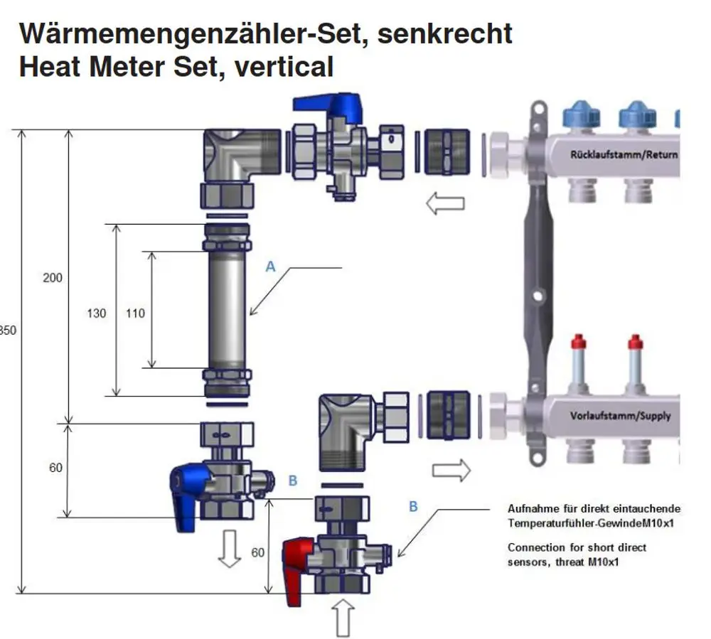 Viessmann Wärmemengenzähler Anschlussset senkrecht, Schemazeichnung mit Maßen.