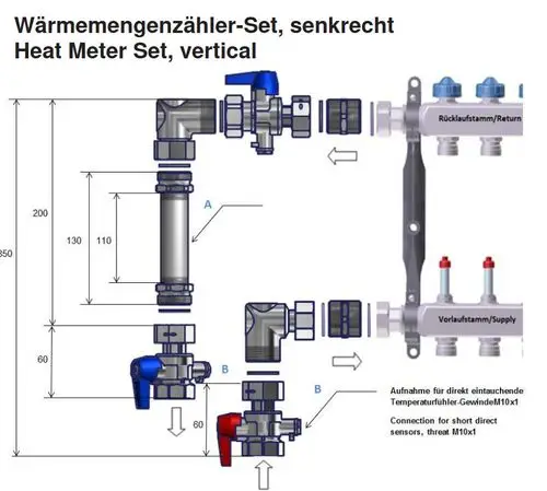 Viessmann Wärmemengenzähler Anschlussset senkrecht, Schemazeichnung mit Maßen.