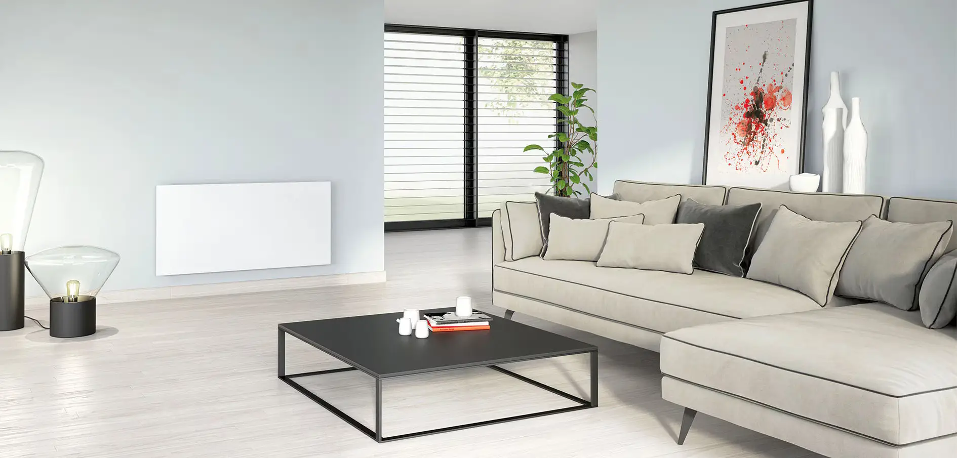 Viessmann Vitoplanar EI5 Elektroheizung an Wand im Wohnraum.
