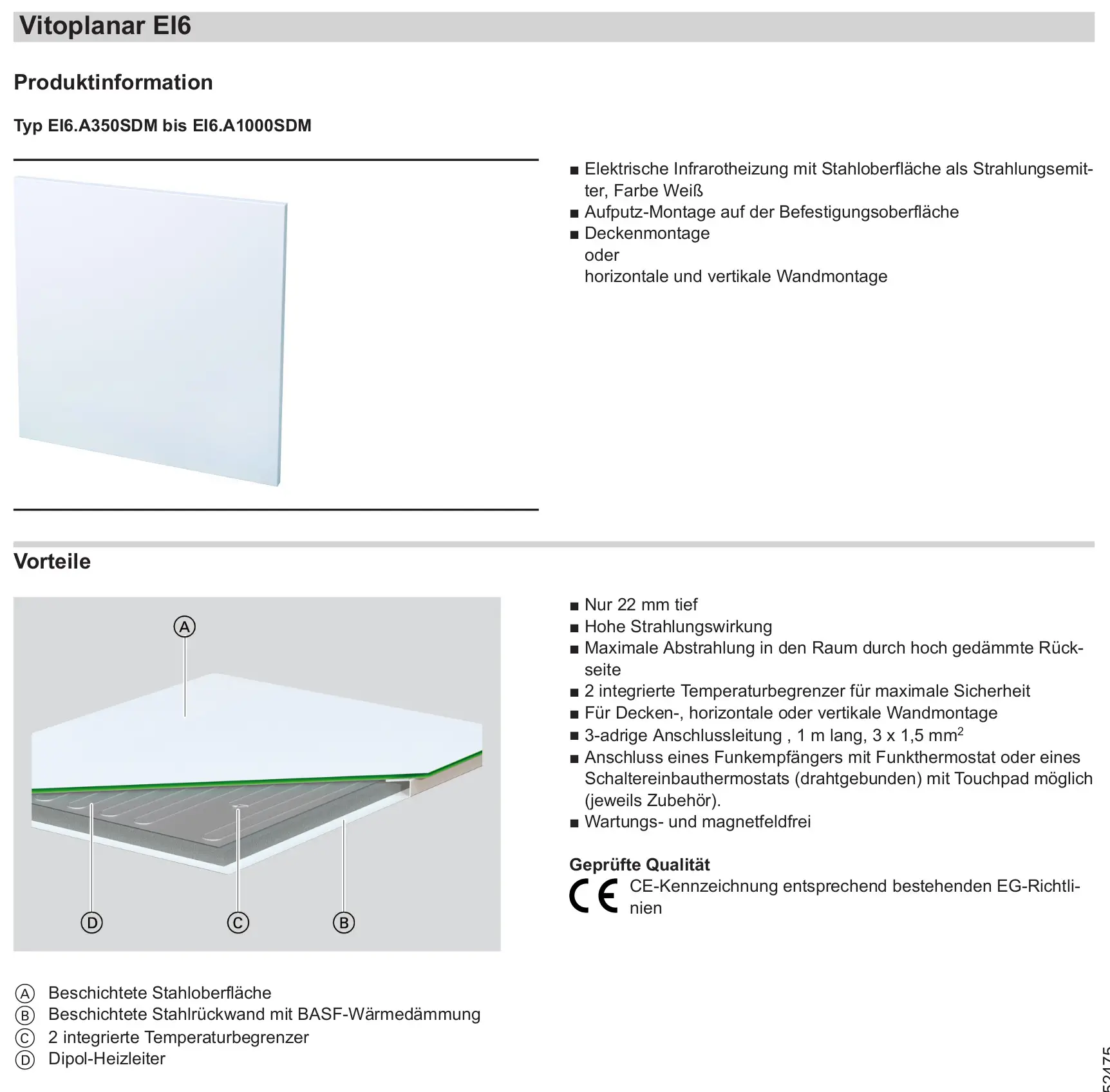 Produktbild: Viessmann Vitoplanar EI6, Typ EI6.A350SDM, ZK03946, Infrarotheizung mit weißer Stahloberfläche. Schemazeichnung der Bauteile. Vorteile und Prüfsiegel.
