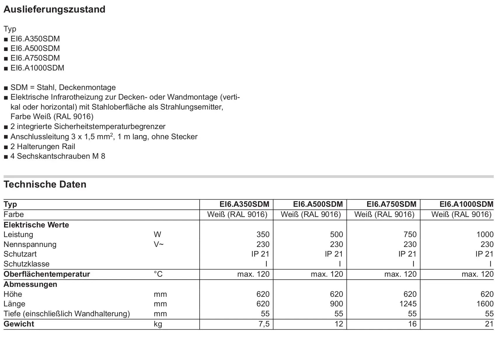 Technische Daten Viessmann Vitoplanar EI6: Typen EI6.A350SDM, EI6.A500SDM, EI6.A750SDM, EI6.A1000SDM. Leistung, Spannung, Schutzart, Maße, Gewicht.