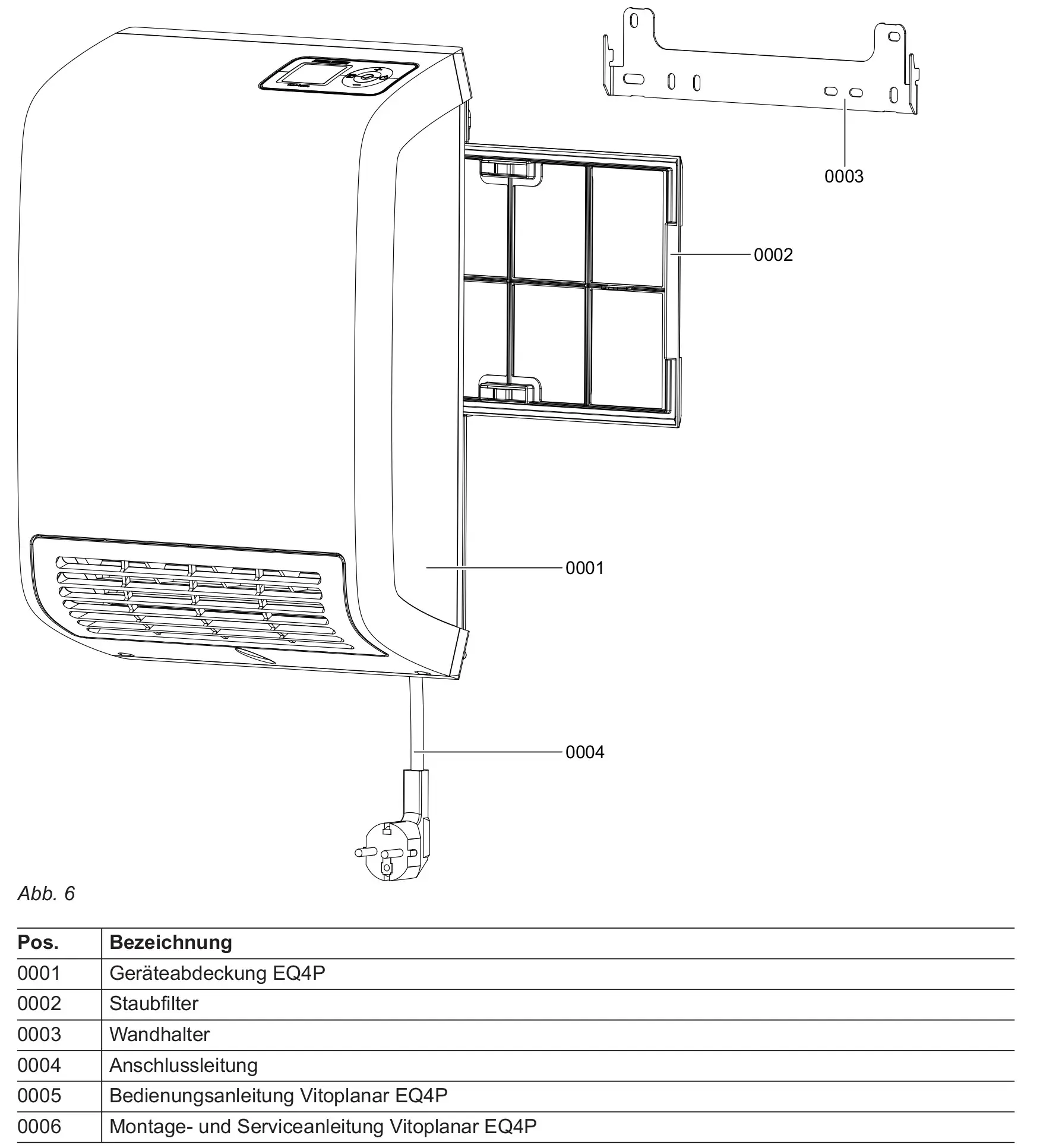 Produktbild mit Detailansicht des Viessmann Vitoplanar EQ4P, EQ4P A2000, ZK03881 mit Beschriftung der Einzelteile und zugehöriger Legende.