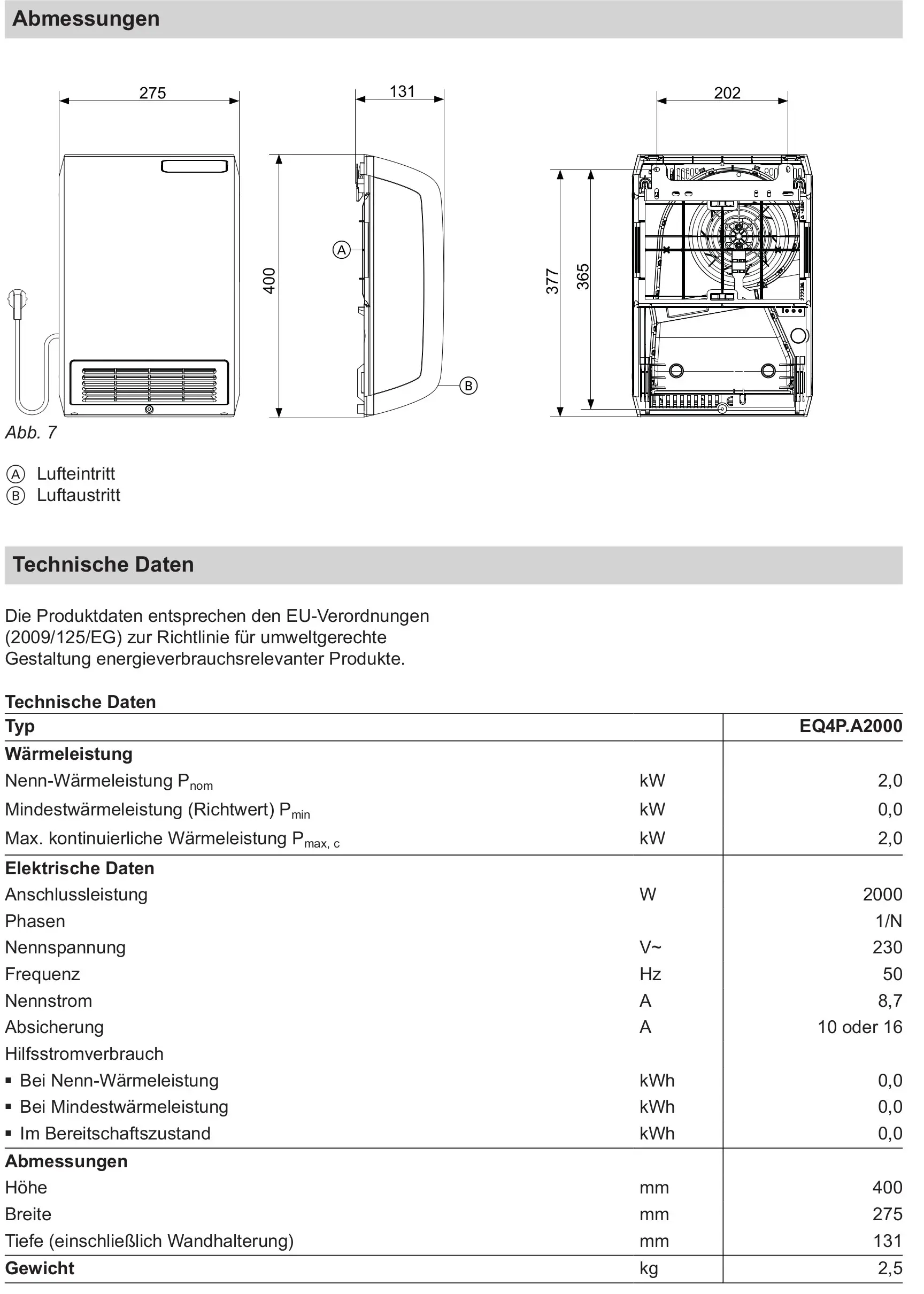Abmessungen und technische Daten des Viessmann Vitoplanar EQ4P.A2000. Schemazeichnungen mit Maßangaben und tabellarische Leistungsdaten.
