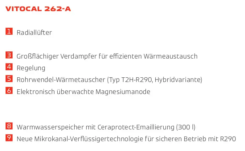 Textdetails mit Produktmerkmalen der Viessmann Vitocal 262-A Wärmepumpe.