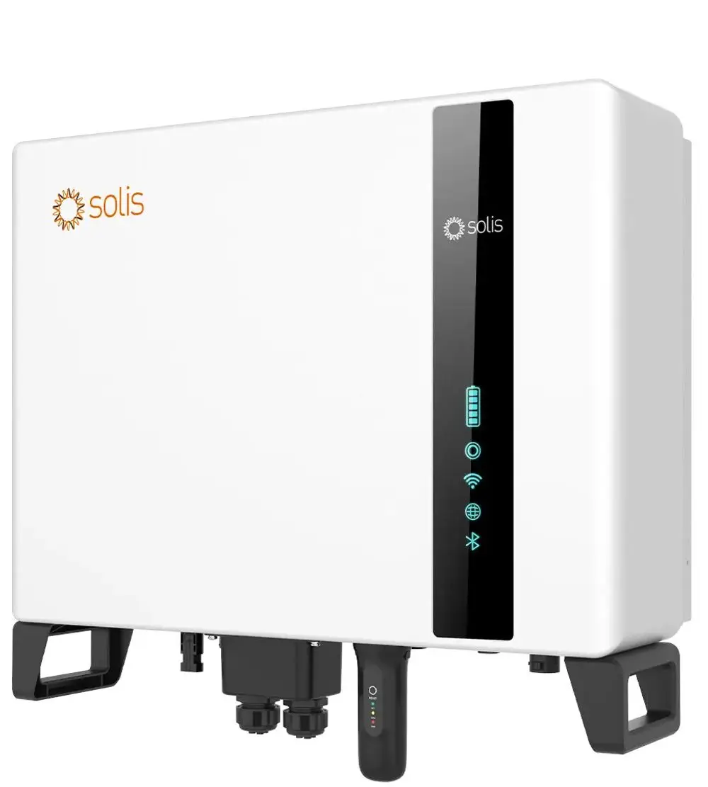 Weißer Solis Wechselrichter S6 10 kW mit schwarzer Bedienleiste und Symbolen für Batterie, WLAN und Bluetooth.
